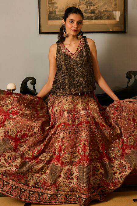 Shop_Saundh_Red Muslin, Silk V-neck Printed Fusion Lehenga And Blouse Set 