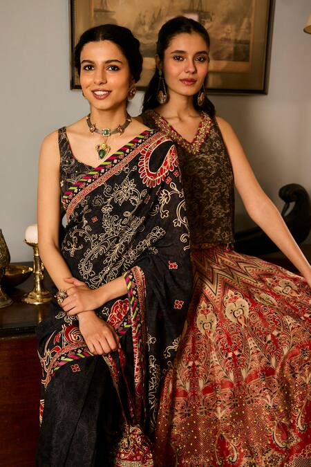 Shop Saundh Black Muslin, Silk Sequins, Embroidery Round Neck Printed Saree Set Online at Aza Fashions Shop_Saundh_Black Muslin, Silk Sequins, Embroidery Round Neck Printed Saree Set _Online_at_Aza_Fashions