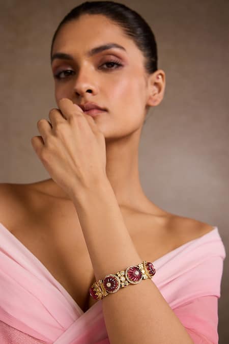 Tarun Tahiliani_Emerald Green Stones Melon Silver Bangle _Online_at_Aza_Fashions