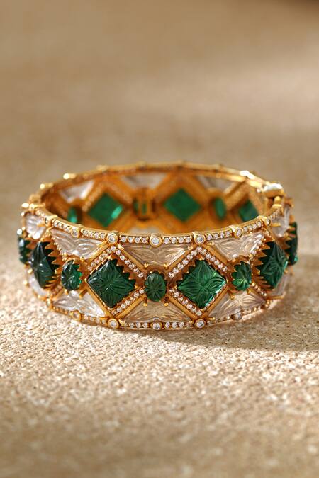 Tarun Tahiliani_Emerald Green Stones Melon Silver Bangle _at_Aza_Fashions