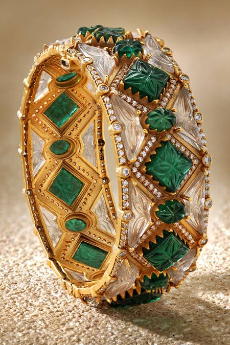 Buy_Tarun Tahiliani_Emerald Green Stones Melon Silver Bangle 