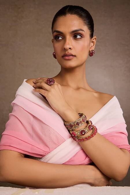 Tarun Tahiliani_Pink Stones, Rhinestones Ruby Melon Silver Bangle _Online_at_Aza_Fashions