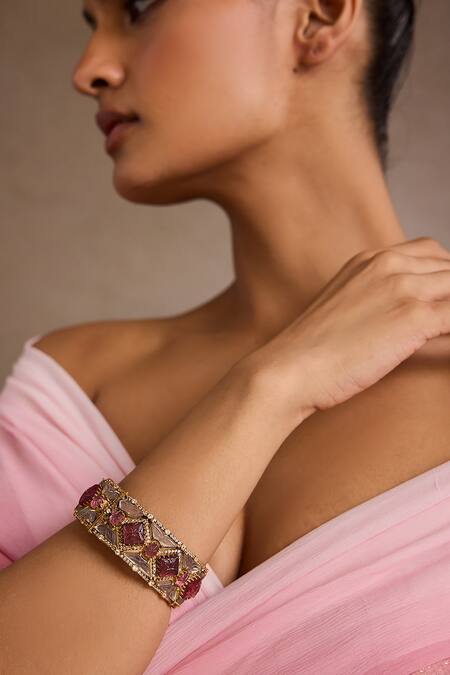 Buy_Tarun Tahiliani_Pink Stones, Rhinestones Ruby Melon Silver Bangle _Online_at_Aza_Fashions
