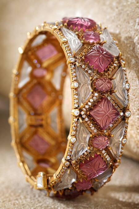Shop_Tarun Tahiliani_Pink Stones, Rhinestones Ruby Melon Silver Bangle _Online_at_Aza_Fashions