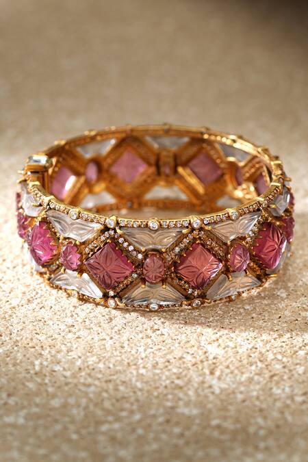 Tarun Tahiliani_Pink Stones, Rhinestones Ruby Melon Silver Bangle _at_Aza_Fashions