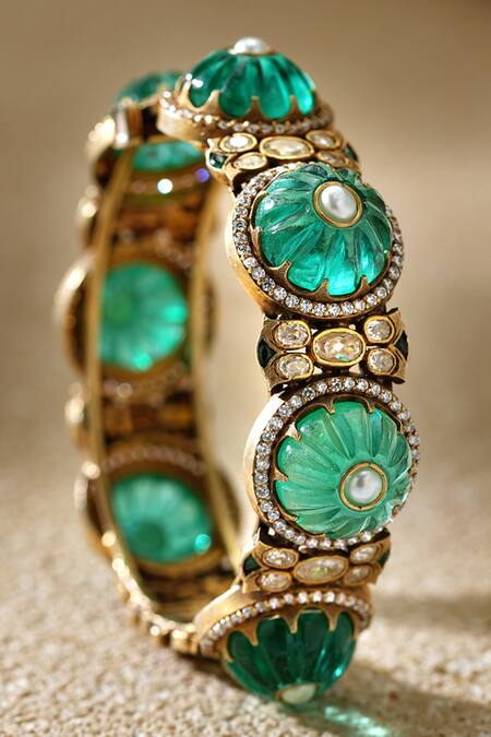 Shop_Tarun Tahiliani_Emerald Green Pearls Round Bangle _Online_at_Aza_Fashions