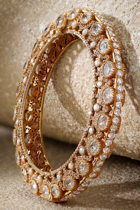 Tarun Tahiliani_Gold Plated Crystals Silver Pacheli Bangle _at_Aza_Fashions