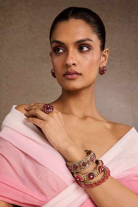 Buy_Tarun Tahiliani_Pink Stones Ruby Silver Bangle _Online_at_Aza_Fashions