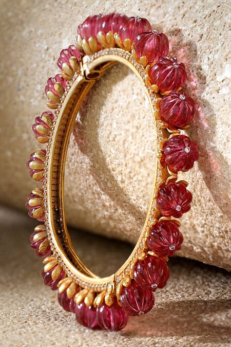 Shop_Tarun Tahiliani_Pink Stones Ruby Silver Bangle _Online_at_Aza_Fashions