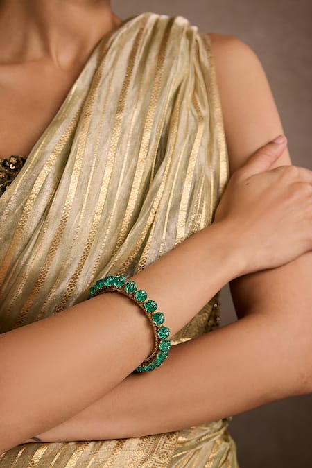 Tarun Tahiliani_Emerald Green Stones Silver Bangle _Online_at_Aza_Fashions