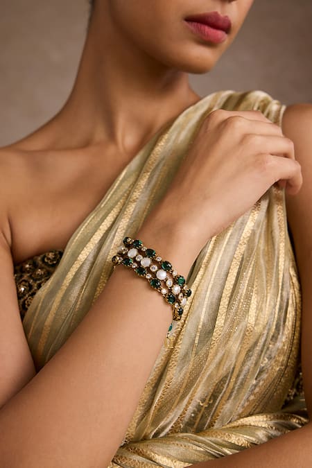 Tarun Tahiliani_Emerald Green Stones Melon Silver Bangle _Online_at_Aza_Fashions
