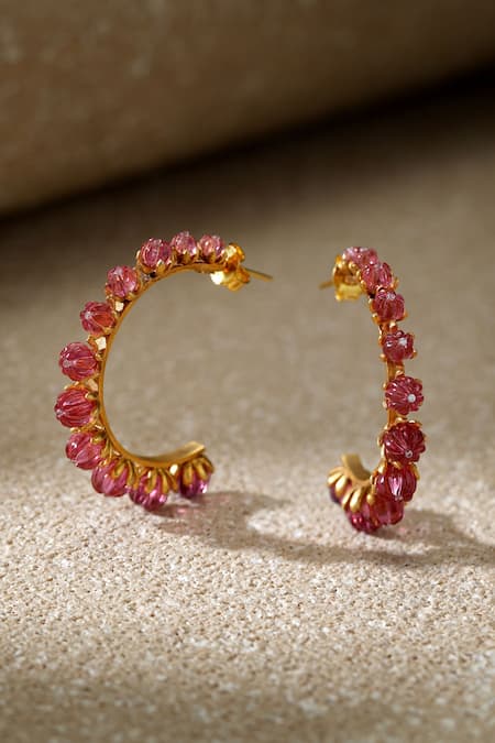Shop_Tarun Tahiliani_Pink Stones Ruby Hoop Earrings _Online_at_Aza_Fashions