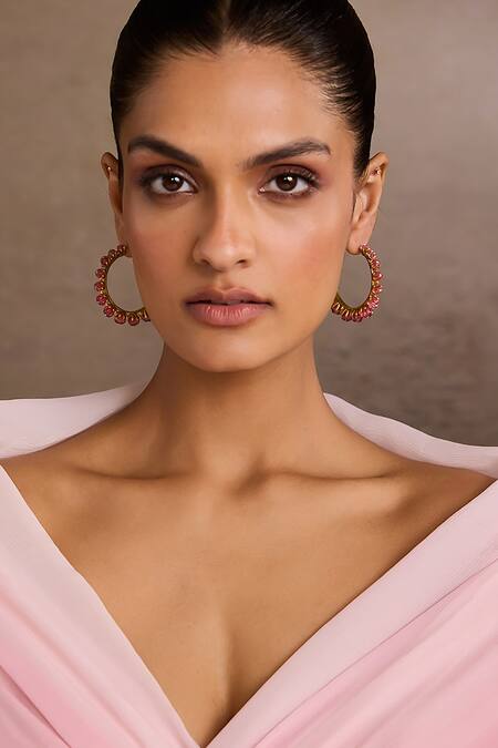Tarun Tahiliani_Pink Stones Ruby Hoop Earrings _at_Aza_Fashions