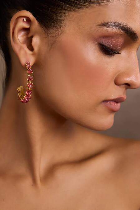 Buy_Tarun Tahiliani_Pink Stones Ruby Hoop Earrings 