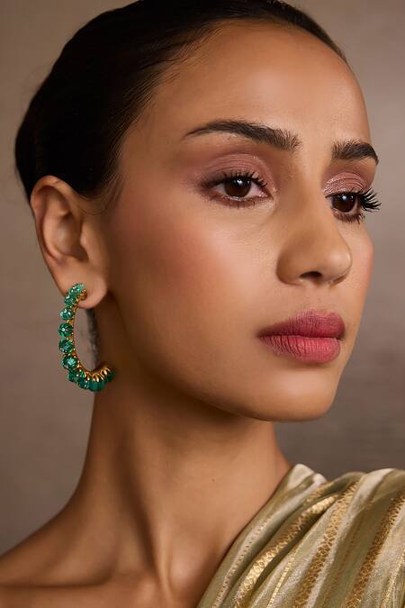 Tarun Tahiliani_Emerald Green Stones Hoop Earrings _Online_at_Aza_Fashions