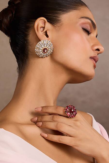 Tarun Tahiliani_Pink Crystals, Stones Ruby Diamond Studs Earrings _Online_at_Aza_Fashions