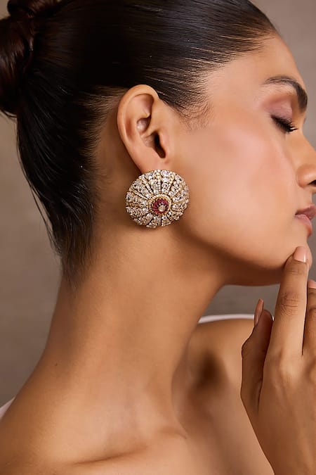 Buy_Tarun Tahiliani_Pink Crystals, Stones Ruby Diamond Studs Earrings _Online_at_Aza_Fashions
