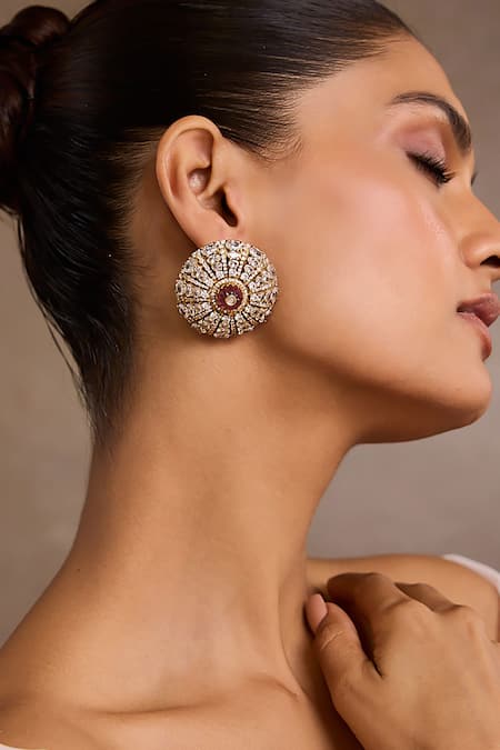 Tarun Tahiliani_Pink Crystals, Stones Ruby Diamond Studs Earrings _at_Aza_Fashions