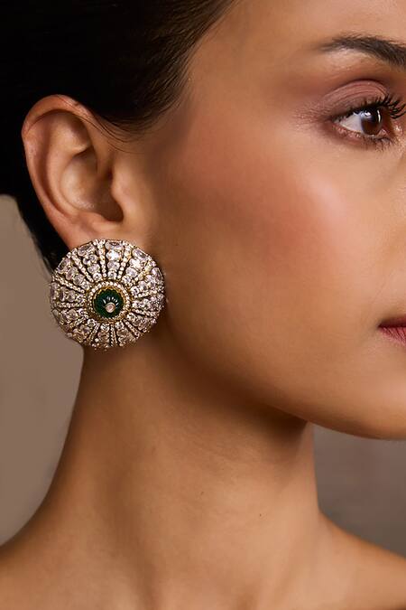 Tarun Tahiliani Emerald Green Crystals, Stones Diamond Stud Earrings Online at Aza Fashions Tarun Tahiliani_Emerald Green Crystals, Stones Diamond Stud Earrings _Online_at_Aza_Fashions