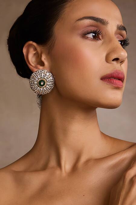 Buy Tarun Tahiliani Emerald Green Crystals, Stones Diamond Stud Earrings Online at Aza Fashions Buy_Tarun Tahiliani_Emerald Green Crystals, Stones Diamond Stud Earrings _Online_at_Aza_Fashions
