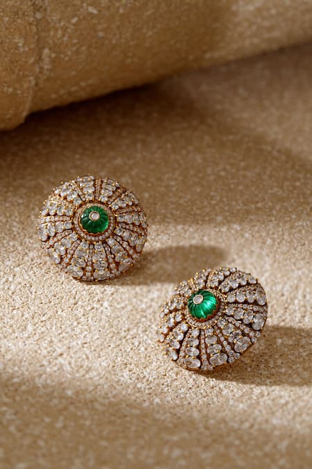 Shop Tarun Tahiliani Emerald Green Crystals, Stones Diamond Stud Earrings Online at Aza Fashions Shop_Tarun Tahiliani_Emerald Green Crystals, Stones Diamond Stud Earrings _Online_at_Aza_Fashions