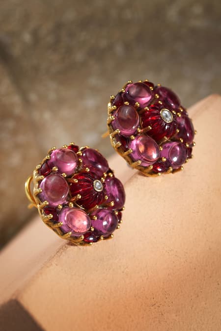 Shop_Tarun Tahiliani_Pink Stones Cabochon Ruby Stud Earrings _at_Aza_Fashions