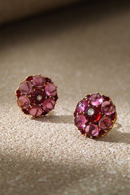 Tarun Tahiliani_Pink Stones Cabochon Ruby Stud Earrings _Online_at_Aza_Fashions