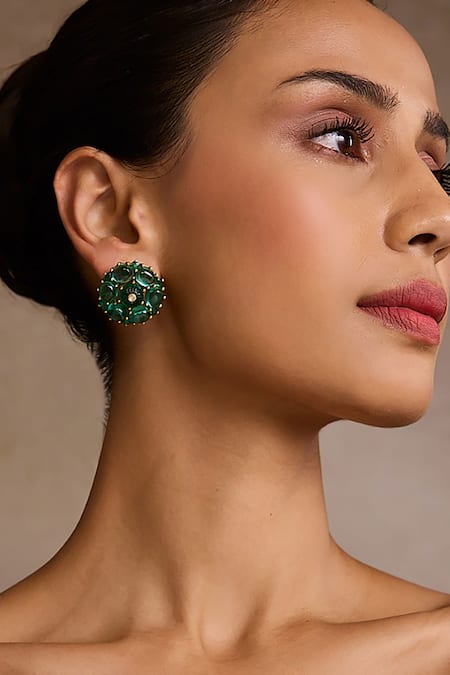 Tarun Tahiliani_Emerald Green Stones Cabochon Stud Earrings _Online_at_Aza_Fashions
