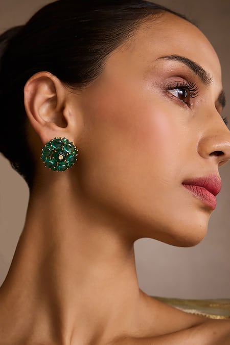 Tarun Tahiliani Emerald Cabochon Stud Earrings 