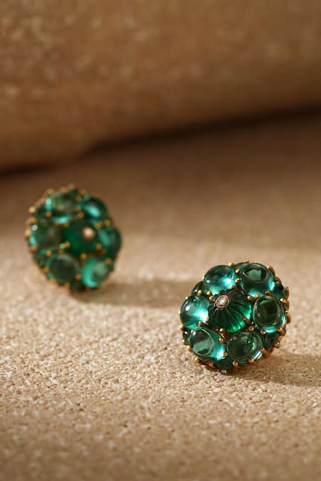 Shop_Tarun Tahiliani_Emerald Green Stones Cabochon Stud Earrings _Online_at_Aza_Fashions