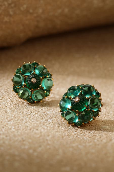 Tarun Tahiliani Emerald Cabochon Stud Earrings 