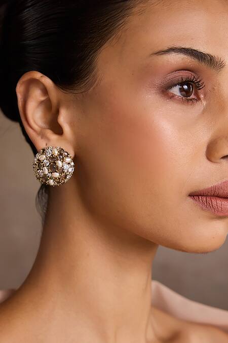 Tarun Tahiliani_Gold Plated Pearls Embellished Silver Studs _Online_at_Aza_Fashions
