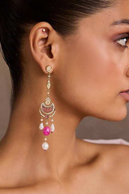 Tarun Tahiliani_Pink Pearls Crescent Silver Earrings _Online_at_Aza_Fashions