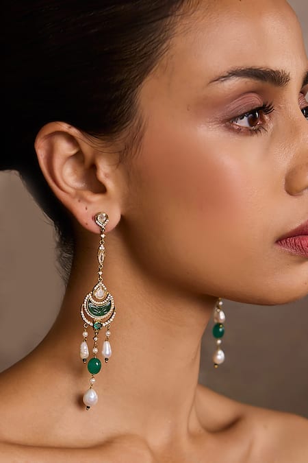 Tarun Tahiliani_Emerald Green Pearls, Stones Crescent Silver Earrings _Online_at_Aza_Fashions