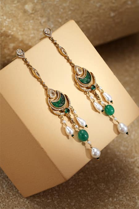 Shop_Tarun Tahiliani_Emerald Green Pearls, Stones Crescent Silver Earrings _at_Aza_Fashions