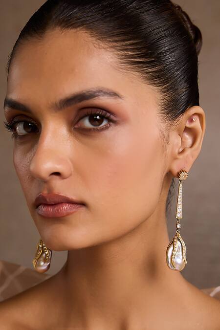 Tarun Tahiliani_Gold Plated Pearls, Crystals Baroque Long Silver Earrings _Online_at_Aza_Fashions