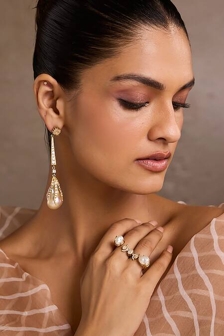 Buy_Tarun Tahiliani_Gold Plated Pearls, Crystals Baroque Long Silver Earrings _Online_at_Aza_Fashions