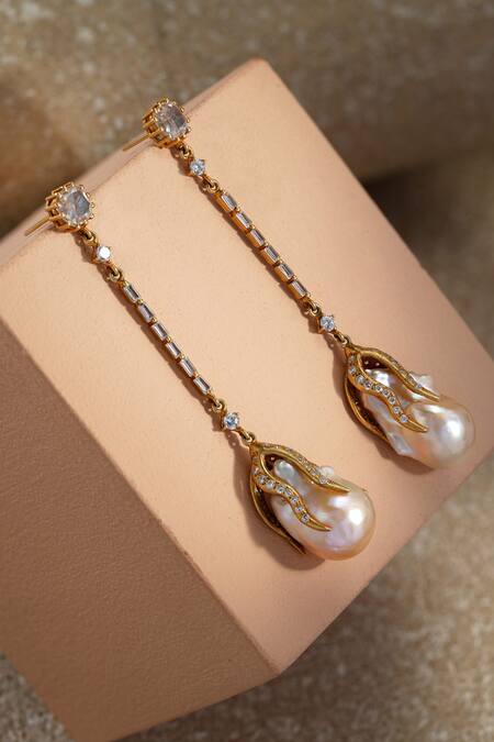 Shop_Tarun Tahiliani_Gold Plated Pearls, Crystals Baroque Long Silver Earrings _Online_at_Aza_Fashions
