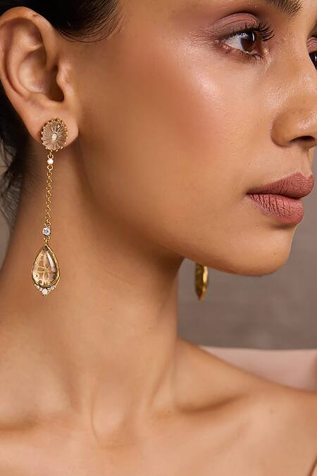 Tarun Tahiliani_Gold Plated Crystals Rock Long Earrings _Online_at_Aza_Fashions