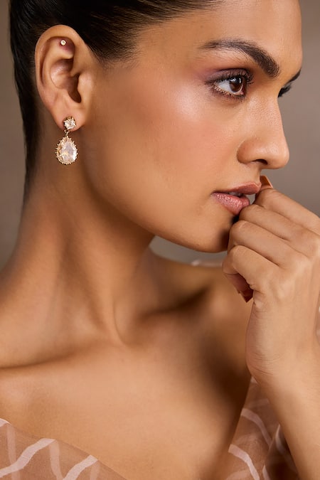 Tarun Tahiliani_Gold Plated Stones Pear Drop Earrings _Online_at_Aza_Fashions