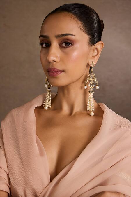 Tarun Tahiliani_Gold Plated Pearls Melon Silver Danglers _Online_at_Aza_Fashions