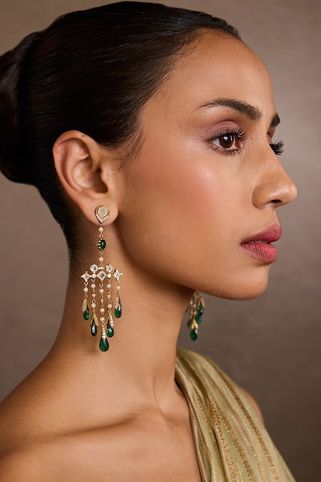 Tarun Tahiliani_Emerald Green Crystals, Stones Silver Earrings _Online_at_Aza_Fashions