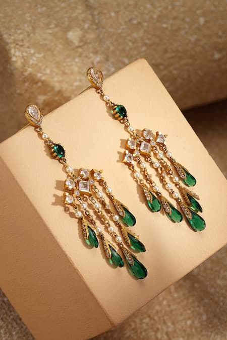 Tarun Tahiliani Emerald Green Silver Earrings 