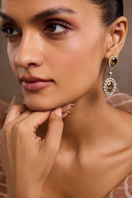 Tarun Tahiliani_Gold Plated Pearls, Stones Smoky Topaz Danglers _Online_at_Aza_Fashions