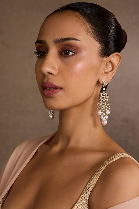Tarun Tahiliani_Gold Plated Pearls Embellished Earrings _Online_at_Aza_Fashions