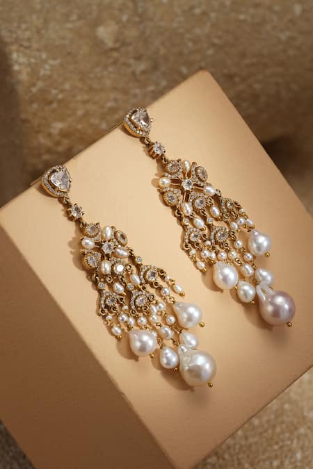 Shop_Tarun Tahiliani_Gold Plated Pearls Embellished Earrings _at_Aza_Fashions