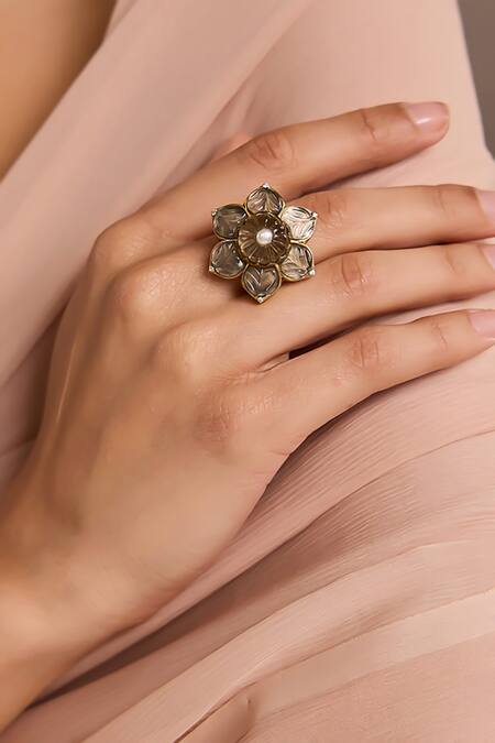 Tarun Tahiliani_Gold Plated Stones, Pearls Smokey Topaz Melon Silver Ring _Online_at_Aza_Fashions
