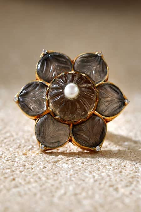 Shop_Tarun Tahiliani_Gold Plated Stones, Pearls Smokey Topaz Melon Silver Ring _at_Aza_Fashions