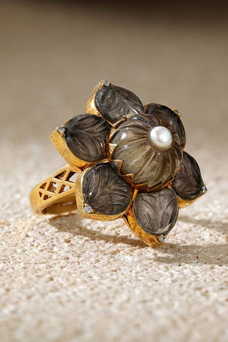 Buy_Tarun Tahiliani_Gold Plated Stones, Pearls Smokey Topaz Melon Silver Ring _Online_at_Aza_Fashions