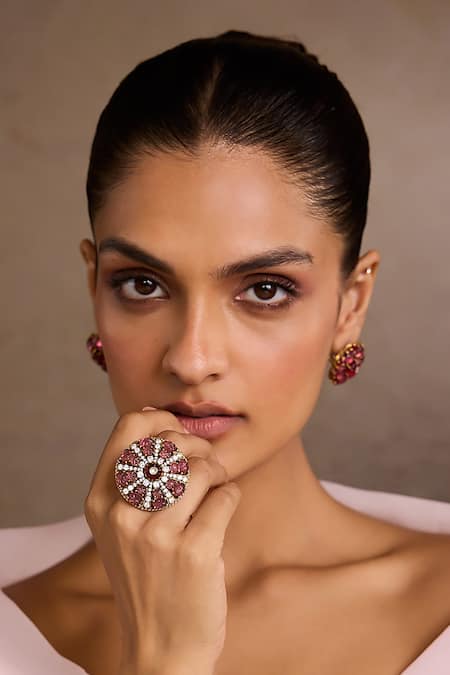 Tarun Tahiliani Pink Crystals, Stones Ruby Melons Silver Ring 